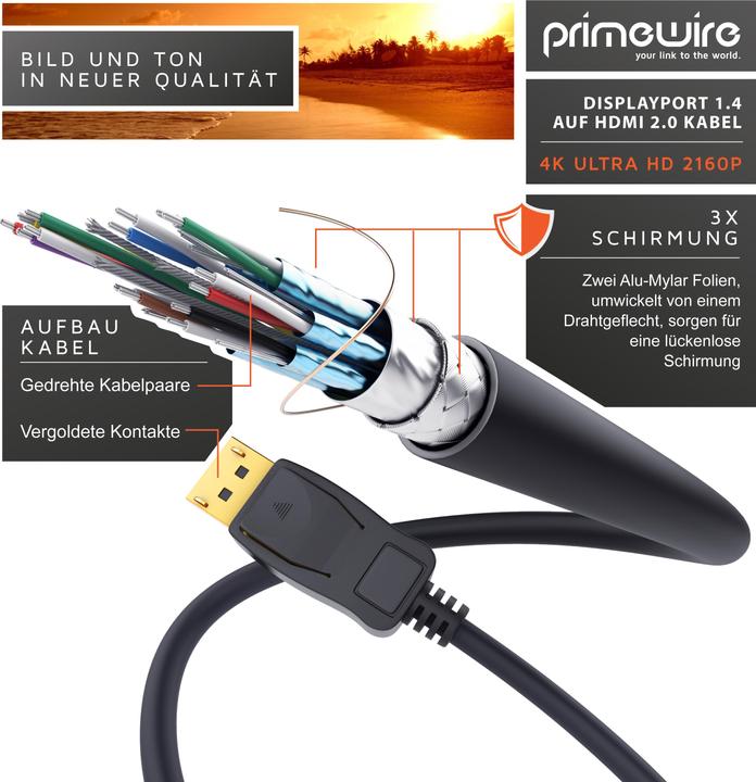 Produktbild Primewire 4k DisplayPort auf HDMI Kabel, DP 1.4 zu HDMI Konverterkabel, Adapterkabel, UHD 2160p 4K 3840 x 2160 (3 m, DisplayPort)