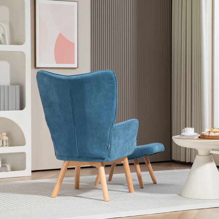 Produktbild Swisshandel24 Sessel mit Hocker, Ohrensessel mit Hoher Rückenlehne, Holzbeine, Cord, Blau