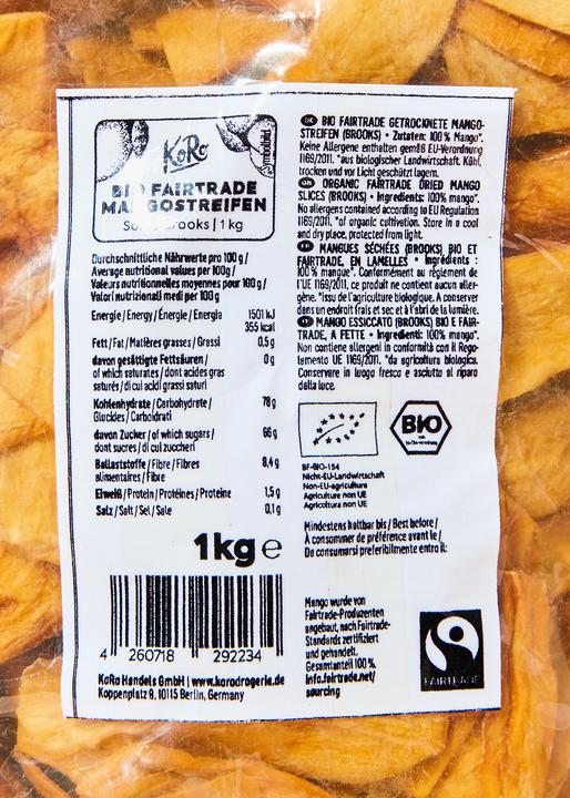 Nutritional values and ingredients KoRo Organic fairtrade dried mango strips (Brooks) (1000 g)