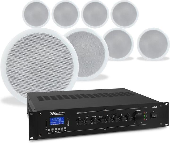 Produktbild Power Dynamics Deckenlautsprecher Set mit 8 weissen Lautsprechern - 100 V - einschliesslich Bluetooth (Aktiv, 1x 6 W)