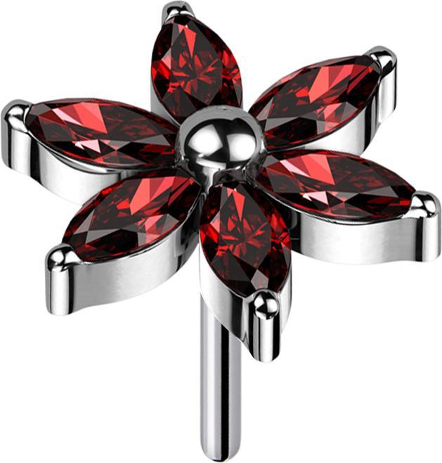 Star Piercing Threadless Blume silber Kristalle rot (ohne Messing, Titan G23)
