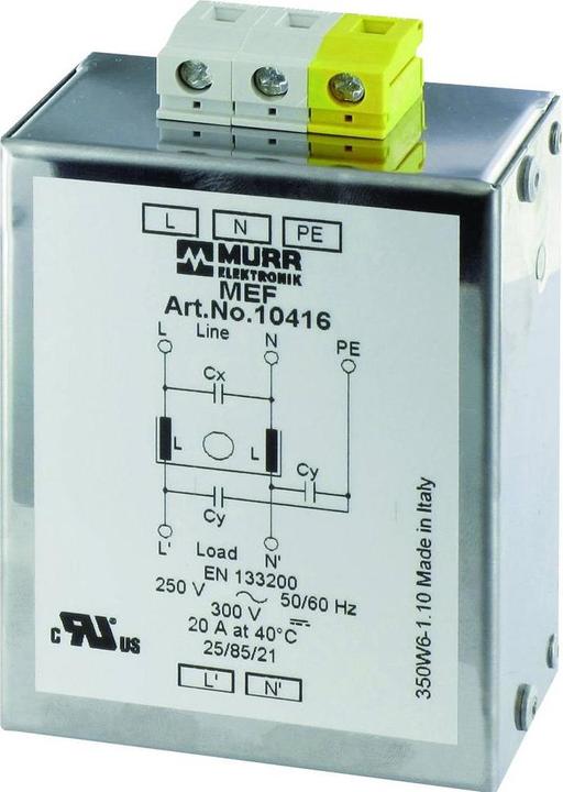 Produktbild Murr Elektronik MEF Netzentstörfilter 1-phasig 1-stufig I:20A U:250 VAC/300 VDC aufschnappbar Universalfilter