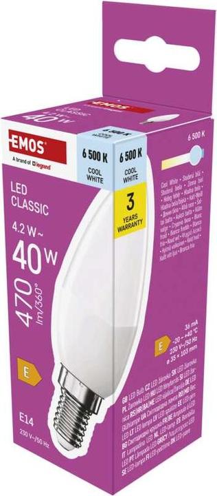 Produktbild Emos LED Lampe Classic Candle / E14 / 4,2 W (40 W) / 470 lm / Kalt-Weiss (E14, 4.20 W, 470 lm, 1 x, E)
