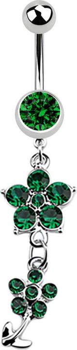 Star Piercing Banane silber mit Anhänger zwei Kristallblumen grün (ohne Messing, Chirurgenstahl 316L)