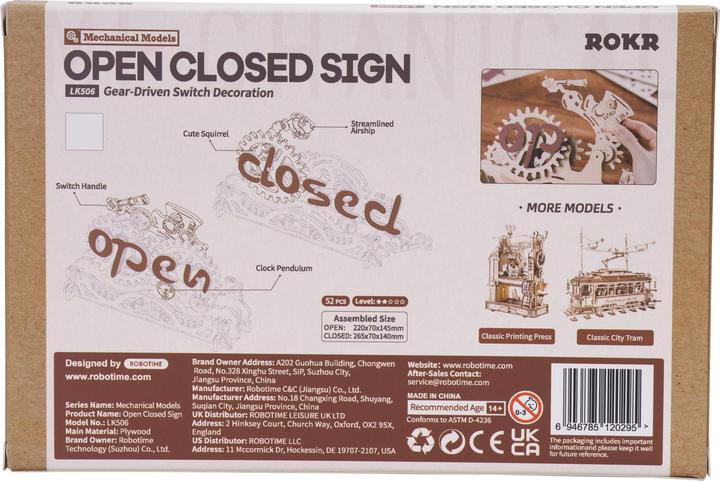 Valeurs nutritives et ingrédients Robotime Bausatz Open Closed Schild, Modell Art: Dekoration