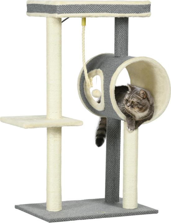 Actual product image PawHut Scratching post with cat bowl and play ball (104 cm, Beige, Cream, Cream white, Grey)