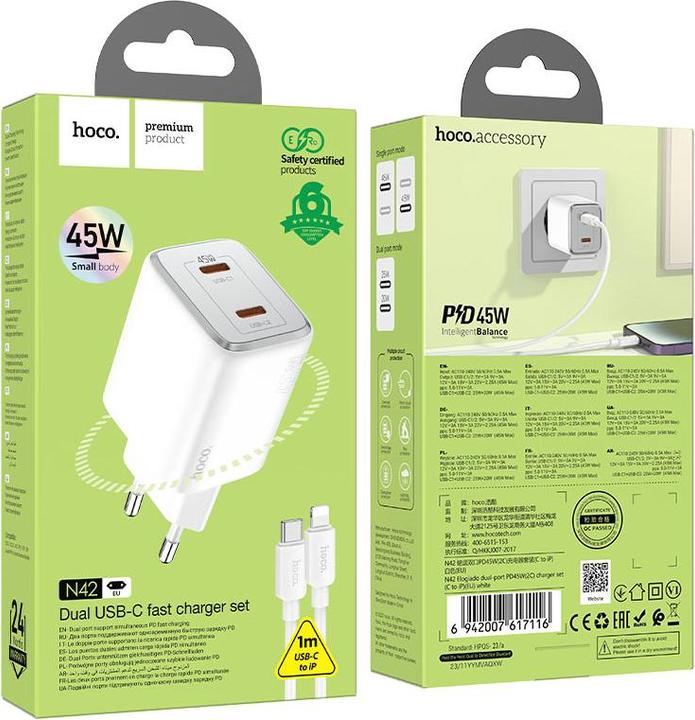 Produktbild Hoco N42, 45W, 3A, 2 x USB-C, with Lightning Cable, weiss (45 W)