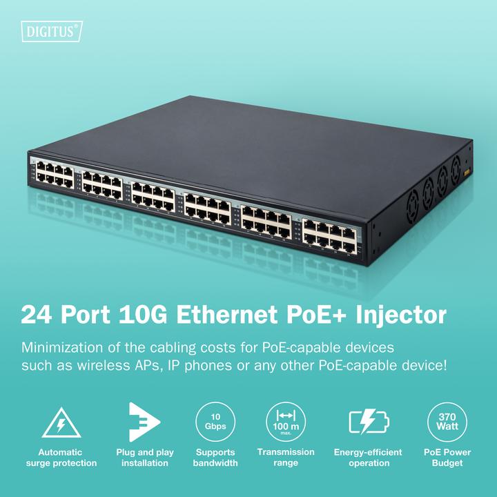Produktbild Digitus 24 port gigabit PoE+ injector (802.3at (PoE+), 802.3af (PoE), 370 W)