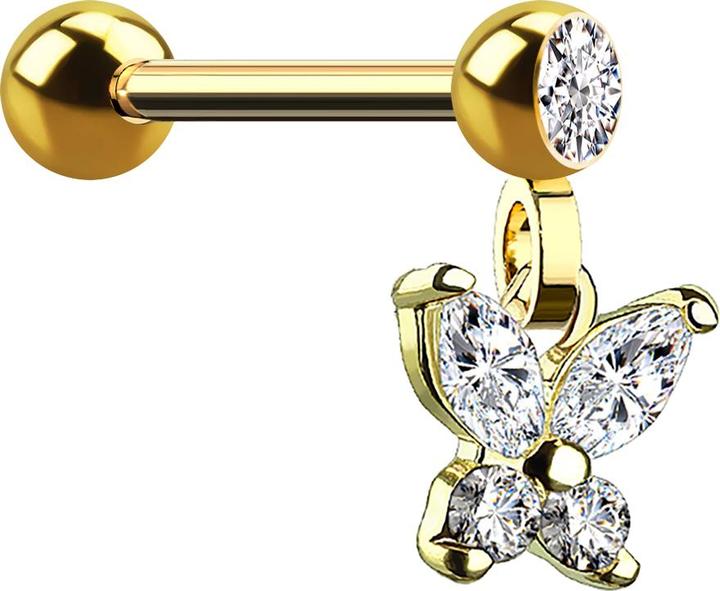 Star Piercing Micro Barbell 14k vergoldet mit Kugel und Anhänger Schmetterling (Chirurgenstahl 316L, Messing)