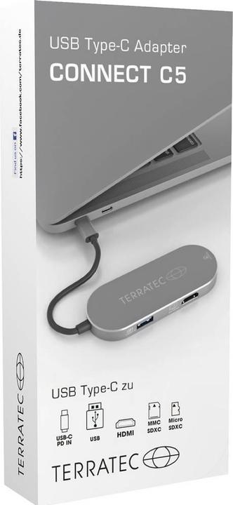 Immagine prodotto Terratec Adattatore USB Type-C in alluminio con USB-C PD HDMI 2x USB 3.0 Port Card Reader (USB-C, 4 Porti)