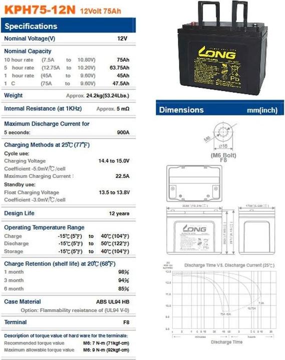 Actual product image Kung Long Akku KPH75-12NE mit M6 Innengewinde (12 V, 75 Ah)