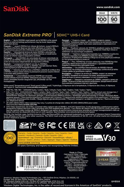 Immagine prodotto SanDisk Extreme PRO UHS-I V30 (32 GB, SDHC, U3, UHS-I)