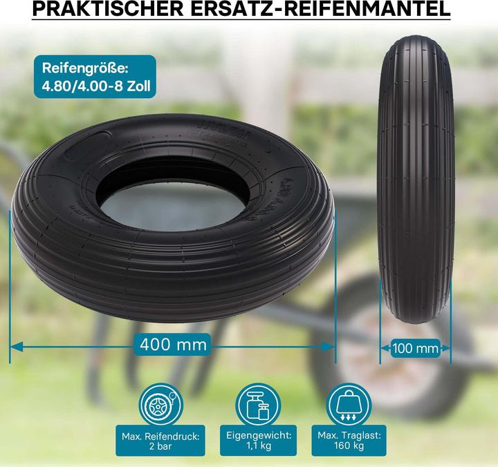Produktbild Wiltec Reifenmantel 4.00-8 400x100mm 160kg Schubkarre Reifen Rad Mantel Luftrad