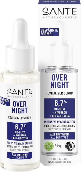 Sante Naturkosmetik Tages- & Nachtpflege Overnight Revitalizer Serum mit Bio-Olive, Hyaluron & Bio-A (30 ml)