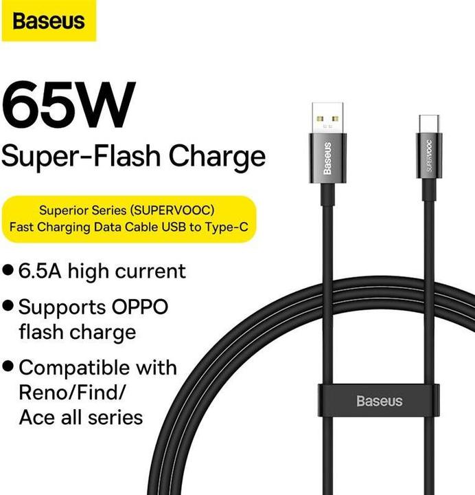 Actual product image Baseus USB A – USB C (1 m, USB 2.0, 65 W)