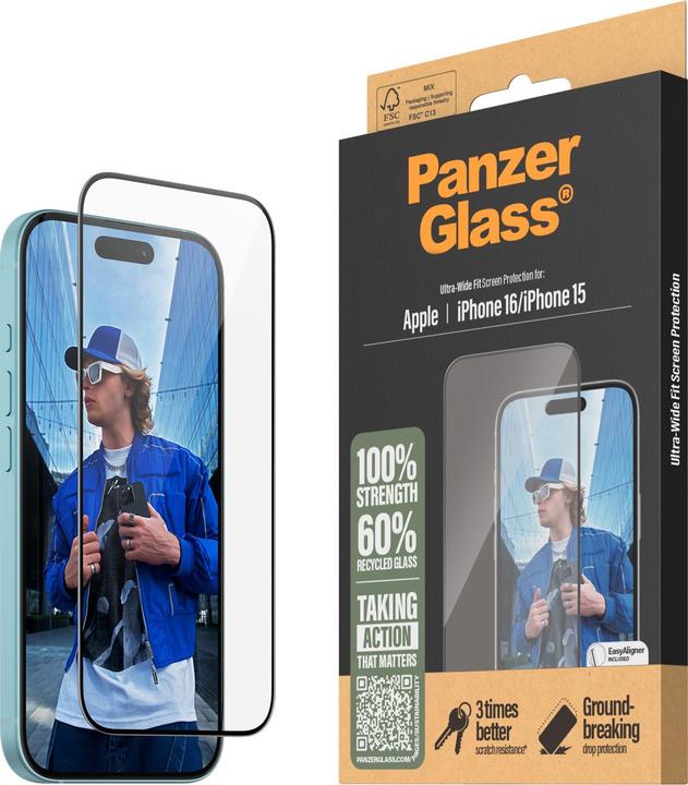 PanzerGlass Ultra-Wide Fit (1 pièce(s), Apple iPhone 16, Apple iPhone 15)