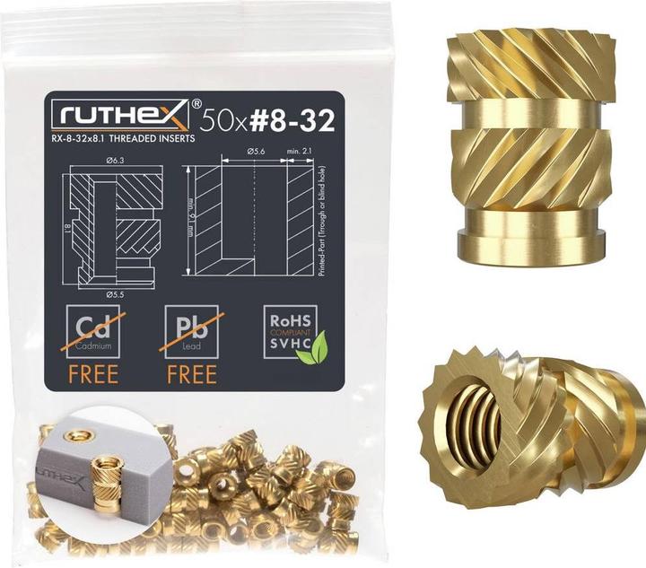 Immagine prodotto Ruthex #8-32 Gewindeeinsatz Zoll (UNC) - 50 Stück RX-8-32x8.1 Gewindebuchsen aus Messing