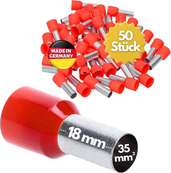 Actual product image Kalitec 50 pieces AE3518RT Wire end ferrules insulated 35mm² 18mm long red I Made in Germany I Industrial