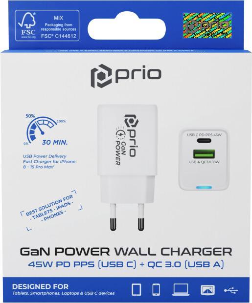 Produktbild prio Wandladegerät GaN Power 45W PD PPS (USB C) + QC 3.0 (USB A) weiss (45 W)