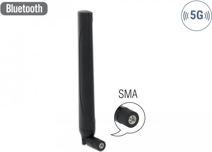 Produktbild Delock 5G/LTE-Antenne SMA, 2,3dBi schwarz, Kippgelenk (Lora, AM / FM, DVB-T, DVB-T2, 5G, GSM, UHF, VHF, 2G, GPS, DAB+)