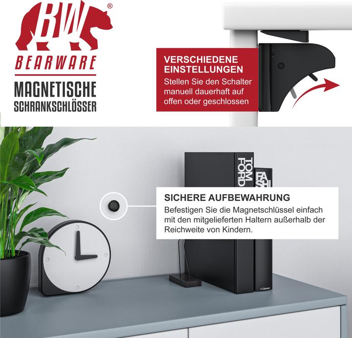 Produktbild Bearware Kindersicherung Magnetisches Schrankschloss 10er, 2 Schlüssel, kindersicher, für Schrank & Schublade