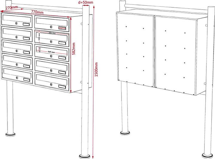 Produktbild Wiltec 10er Briefkastenanlage silberfarben 2x5 Standbriefkasten Briefkasten Post