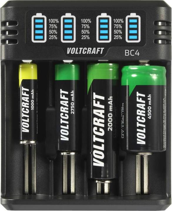 Actual product image Voltcraft BC4 round cell charger LiIon, NiMH Mignon (AA), Micro (AAA), Baby (C (1 pcs., 10440, 16340, 17335, 17500, 17670, 18490, 18650, 21700, 22650, 26500, 26650, AAA, RCR123A, AA, Sub-C, Chargers without battery)
