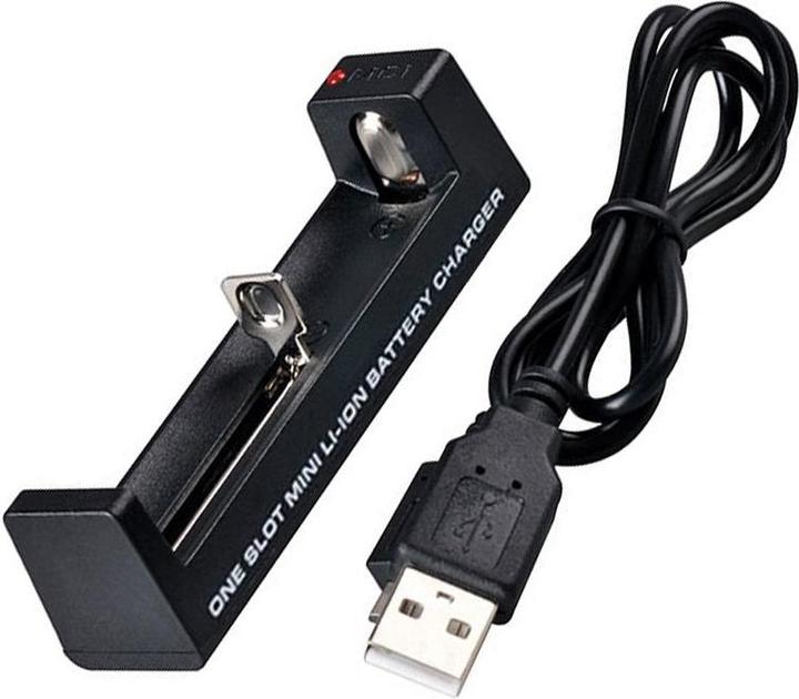 Actual product image AccuCell 18650 Li-ion Akku und 1-Schacht USB-Schnellladegerät mit bis zu 1Ah Ladestrom (1 pcs., 18650, 1000 mAh, Battery + charger)
