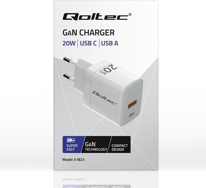 Actual product image Qoltec GaN 20W Ladegerät, 1x USB-C PD, 1x USB-A, US (20 W)