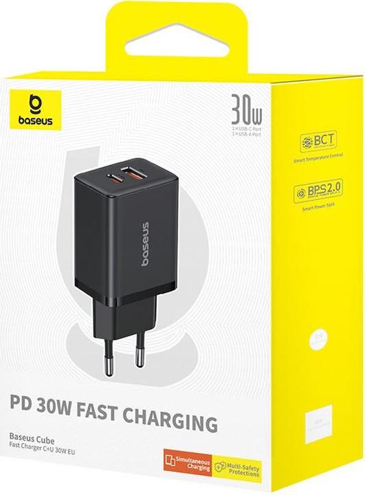 Produktbild Baseus Cube, 30W, 2.4A, 1 x USB-A - 1 x USB-C, schwarz (30 W)