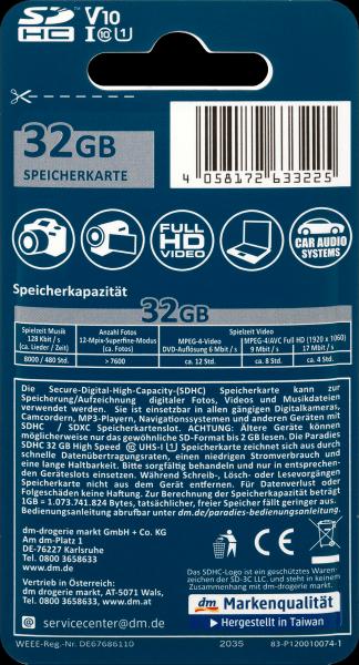 Produktbild Paradies Speicherkarte SDHC 32GB (32 GB, SDHC, U1, UHS-I)