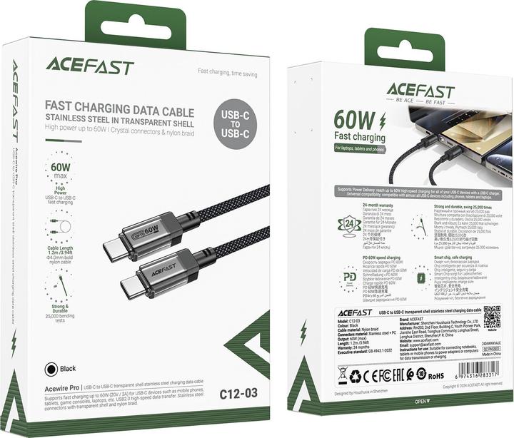 Image du produit Acefast C12 USB-C / USB-C PD cable 60W 480Mb/with nylon braid - black (1.20 m, USB 3.0, 60 W)
