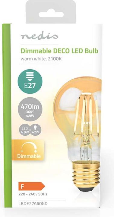 Image du produit Nedis LBDE27A60GD Lampe LED à filament E27 A60 4.9 W 470 lm 2100 K extra blanc chaud Nombre de lampes en (E27, 4.90 W, 470 lm, 1 x, F)