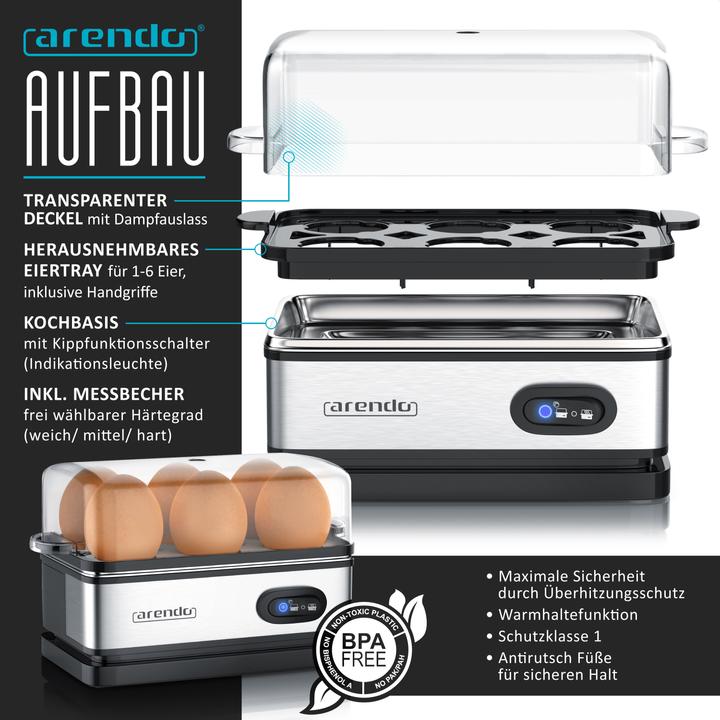 Produktbild Arendo Frühstücks Set, 2-Scheiben Langschlitz Toaster mit Brötchenaufsatz & Eierkocher für 6 Eier, Silber