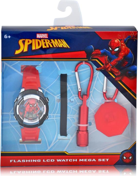 Accutime Armbanduhr Set Spider-Man mit Accessoires, Kinder LCD-Uhr mit digitaler Anzeige, blinkende (Digitaluhr)