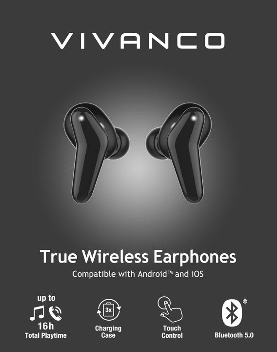 Image du produit Vivanco Casque Bluetooth + boîtier de recharge, noir (pas de réduction du bruit, 12 h, Sans fil)