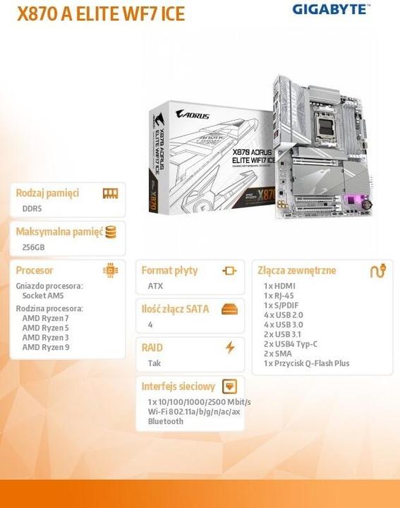 Image du produit Gigabyte X870 AORUS ELITE WIFI7 GLACE (AM5, AMD X870, ATX)