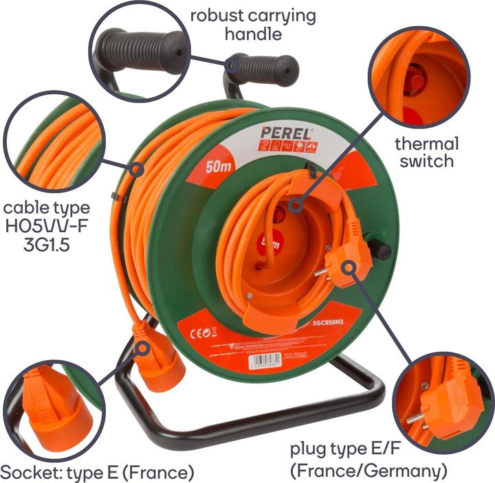 Actual product image Velleman GARDEN CABLE REEL 50 m - 3G1.5 (50 m, 1.50 mm²)