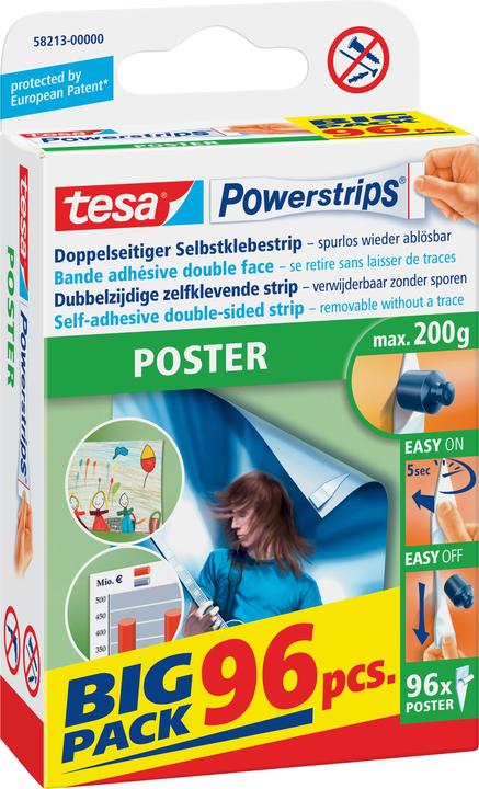 Image du produit tesa Powerstrips POSTER, Big Pack, 200g de maintien, 96x bandes adhésives double face (0.20 kg)