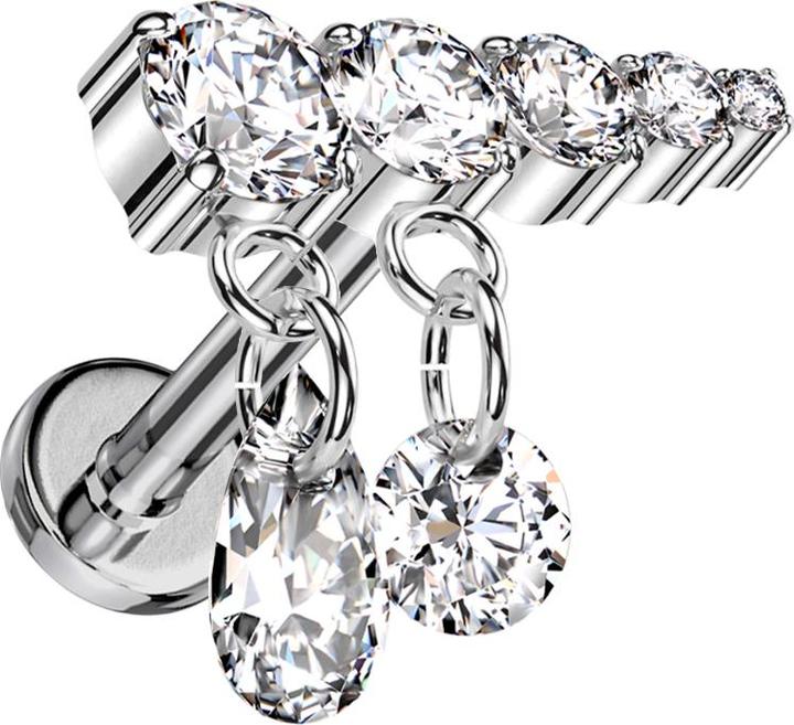 Star Piercing Micro Labret Innengewinde silber fünf Kristalle silber Anhänger zwei Ketten Kristalle silber rechts (ohne Messing, Titan G23)