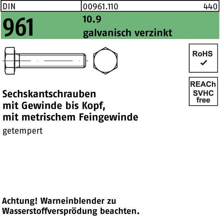 Image du produit Vis à tête hexagonale DIN 961 VG M 8 x1 x 35 10.9 électro-zingué (200 Vis par pièce)