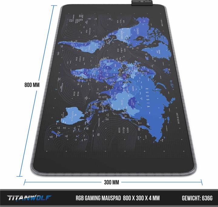 Produktbild Titanwolf RGB Gaming Mauspad, Mausmatte XL 800 x 300mm verbessert Präzision & Geschwindigkeit, Weltkarte blau