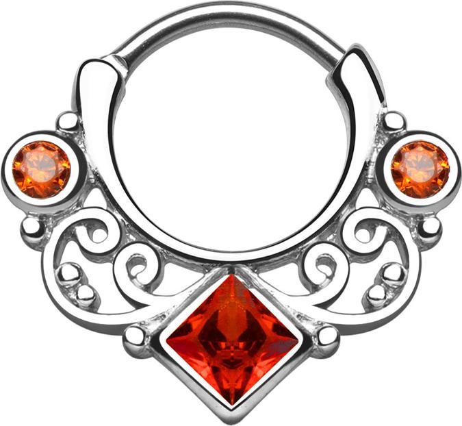 Actual product image Star Piercing Septum with two round and one large square crystal red (Brass, Surgical steel 316L)