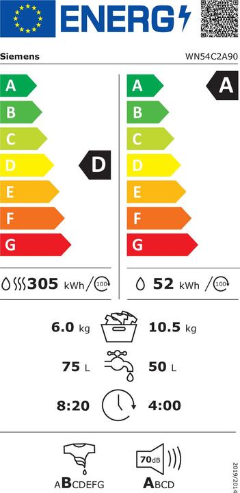 Etichetta energetica Siemens iQ700, lavasciuga, 10,5/6 kg, 1400 rpm, WN54C2A90