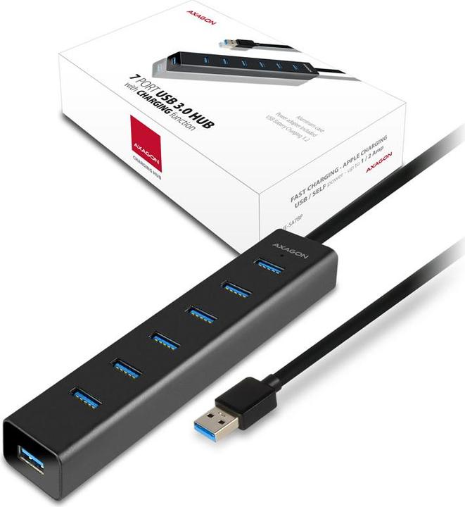 Actual product image Axagon HUE-SA7BP 7x USB3.0 ALU charging hub incl. AC adapter, Juodas (USB-A, USB-B, 7 Ports)