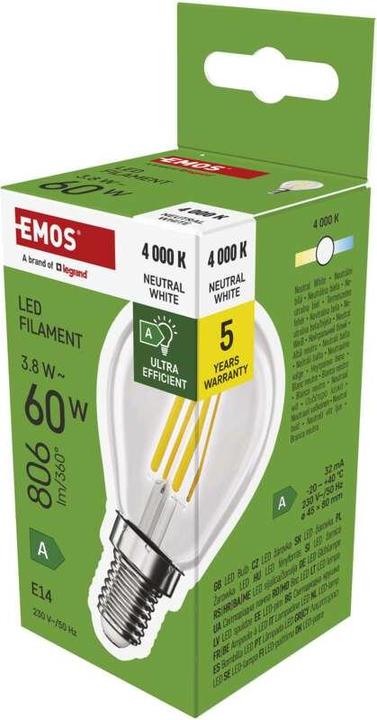 Produktbild Emos LED Lampe Filament Mini Globe A CLASS / E14 / 3,8 W (60 W) / 806 lm / Neutral Weiss (E14, 3.80 W, 806 lm, 1 x, A)
