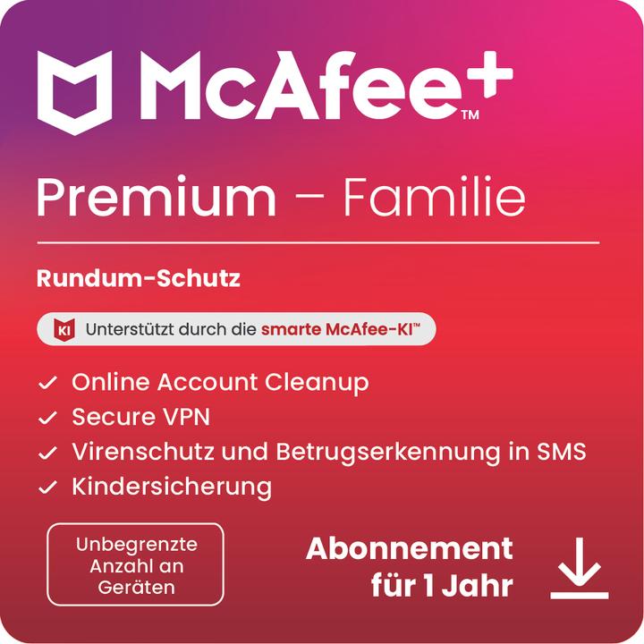 McAfee + Premium Familie (Unbegrenzte Anzahl von Geräten) (1 User, 1 Geräte/User, 12 Monate)