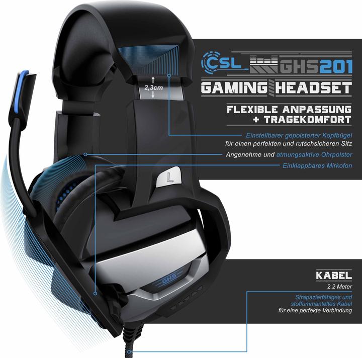 Actual product image CSL Gaming headset, USB, microphone, LED lighting, headphones for Windows, Mac, PS3, PS4, PS4 Pro, PS5 (Cable)