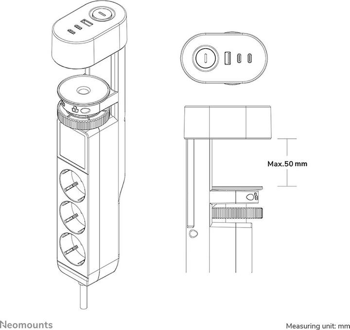 Produktbild Neomounts Tischsteckdose mit Klemme 3-fach/230V/USB-A/2xUSB-C/schwarz (Tisch)