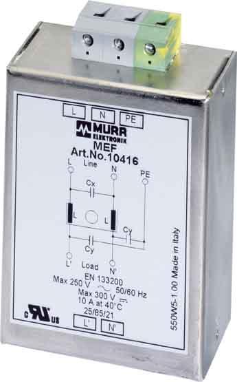 Murr Elektronik MEF Netzentstörfilter 1-phasig 1-stufig I:20A U:250 VAC/300 VDC aufschnappbar Universalfilter